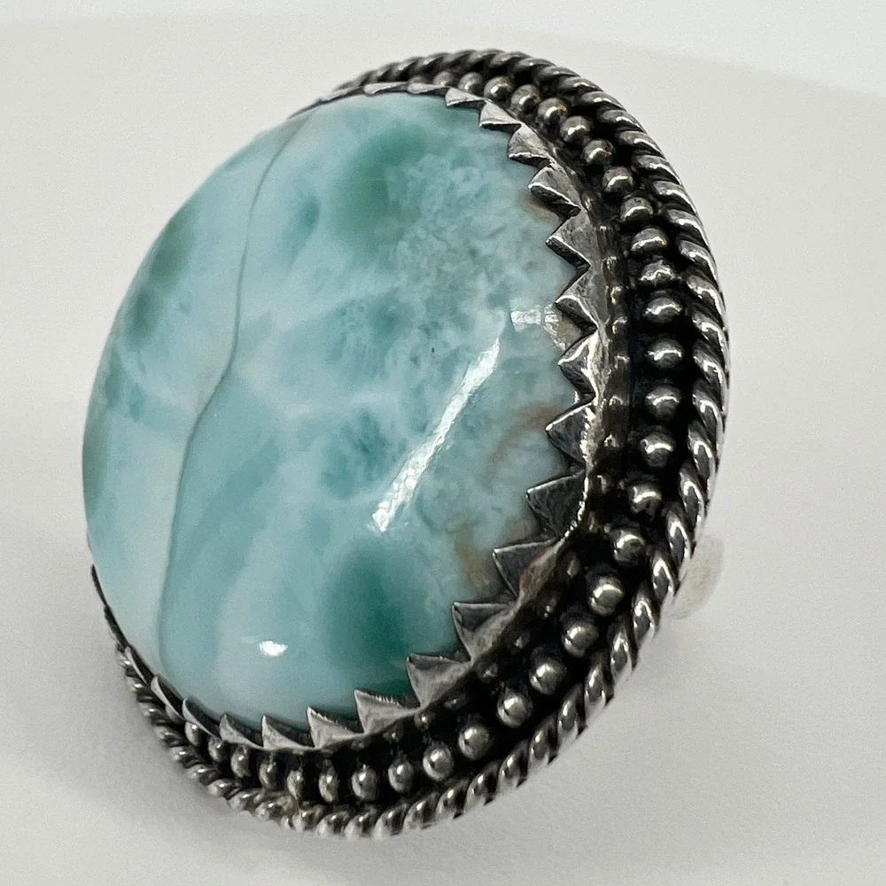 Artisan Larimar Ring Size 9 Blue 925 Sterling Silver Statement Cabochon 19.6g